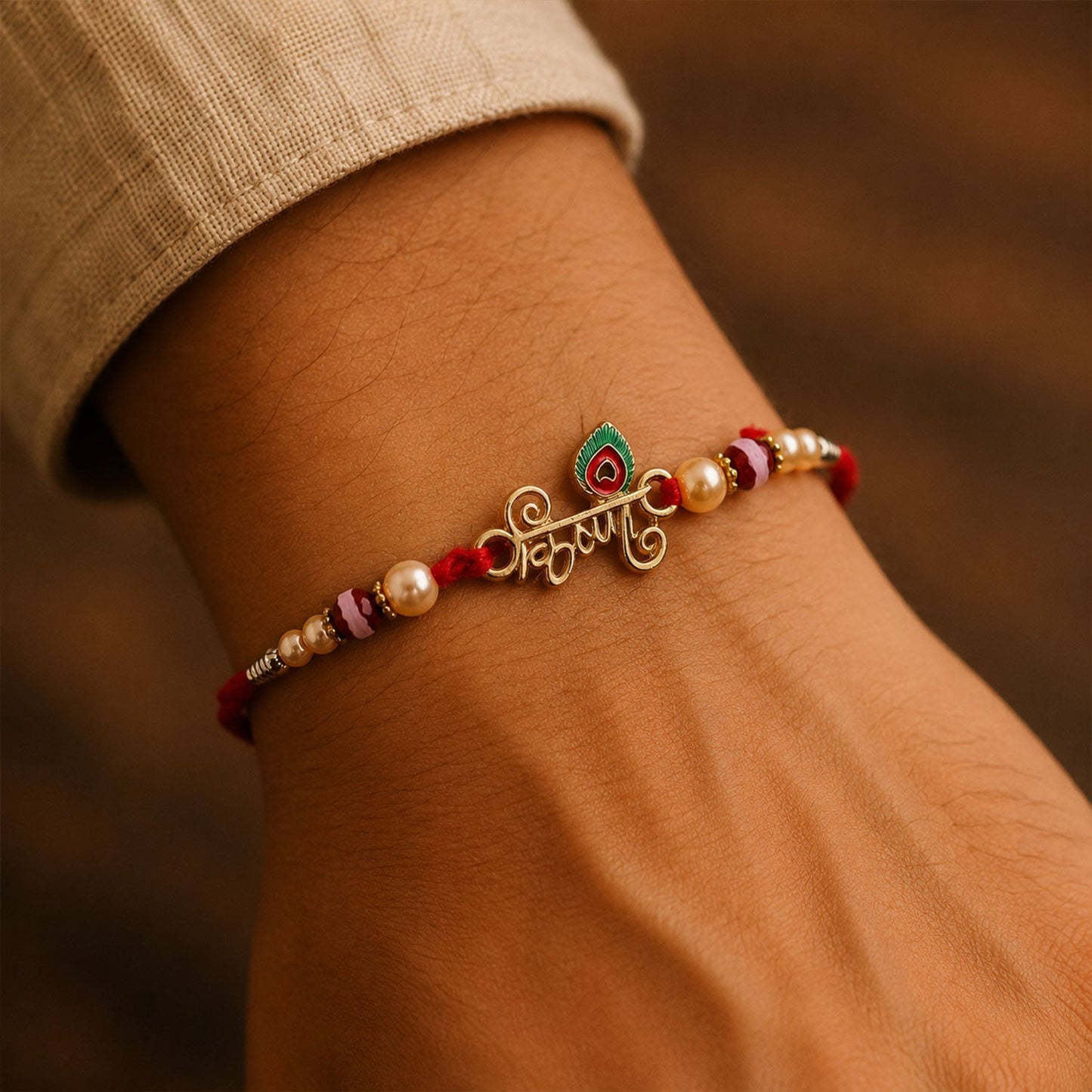 Top angle view of Krishna Mor Pankh Pearl Beads Rakhi