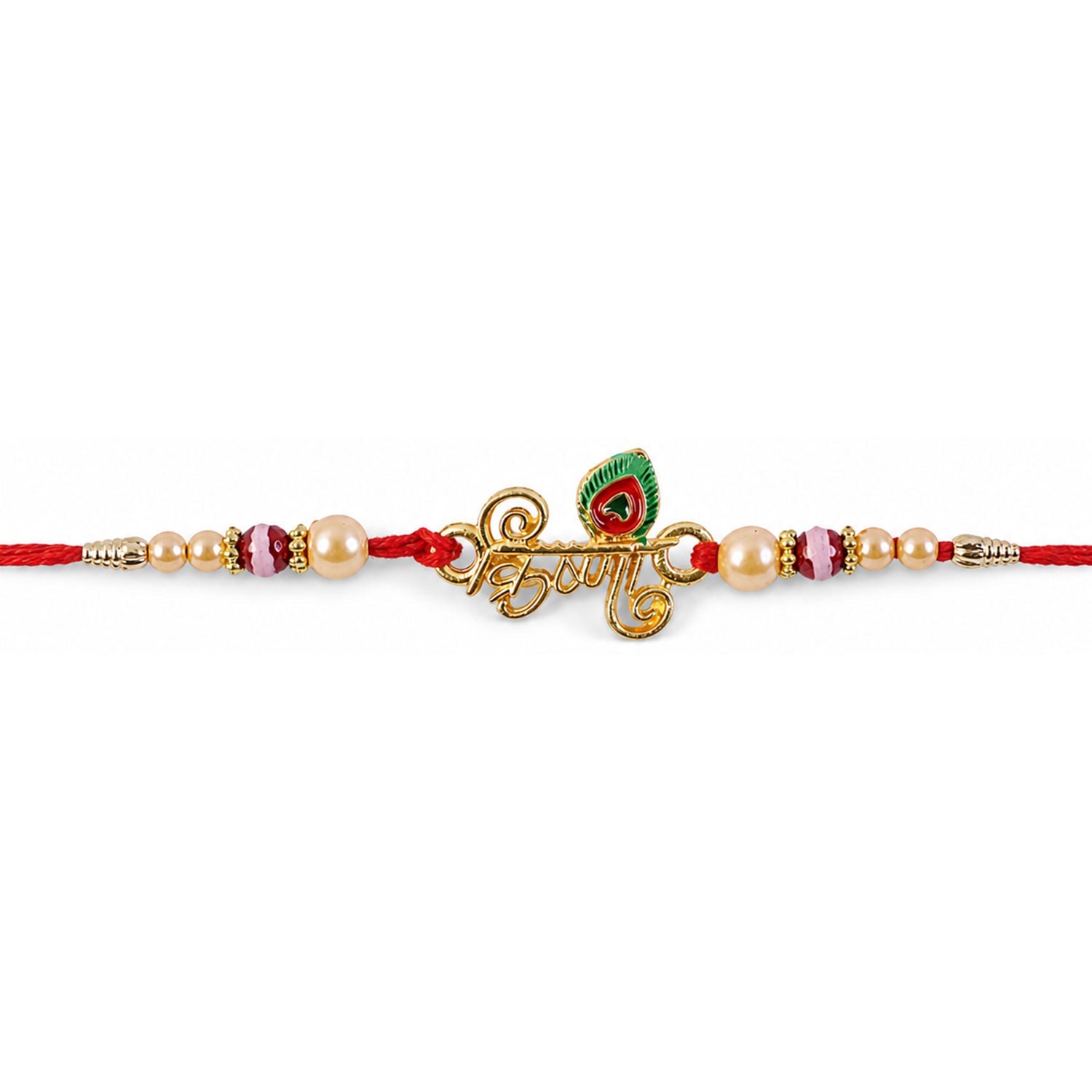 Krishna Mor Pankh Pearl Beads Rakhi with pearl cluster details