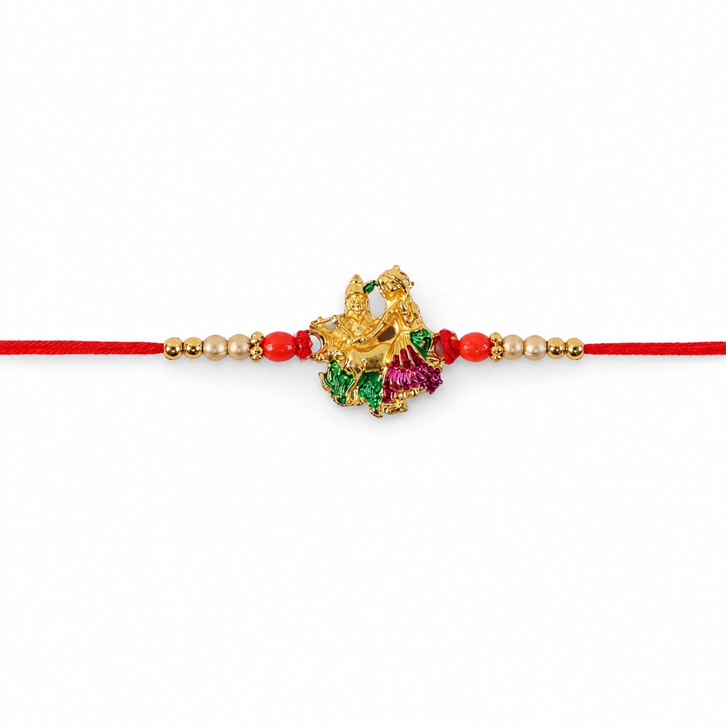 Top view of Radha Krishna Meena Charm Beads Rakhi