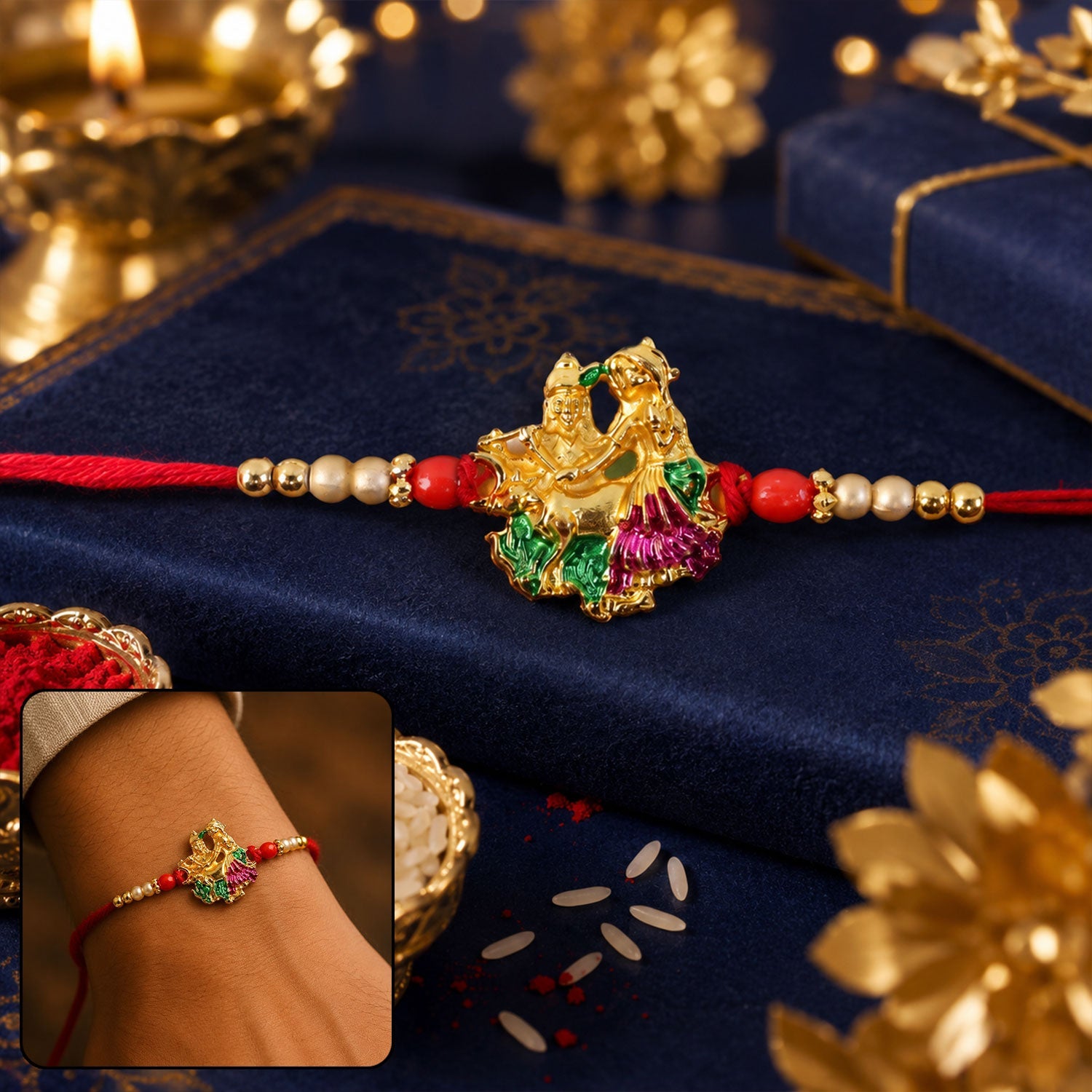 Radha Krishna Meena Beads Designer Rakhi detailed view