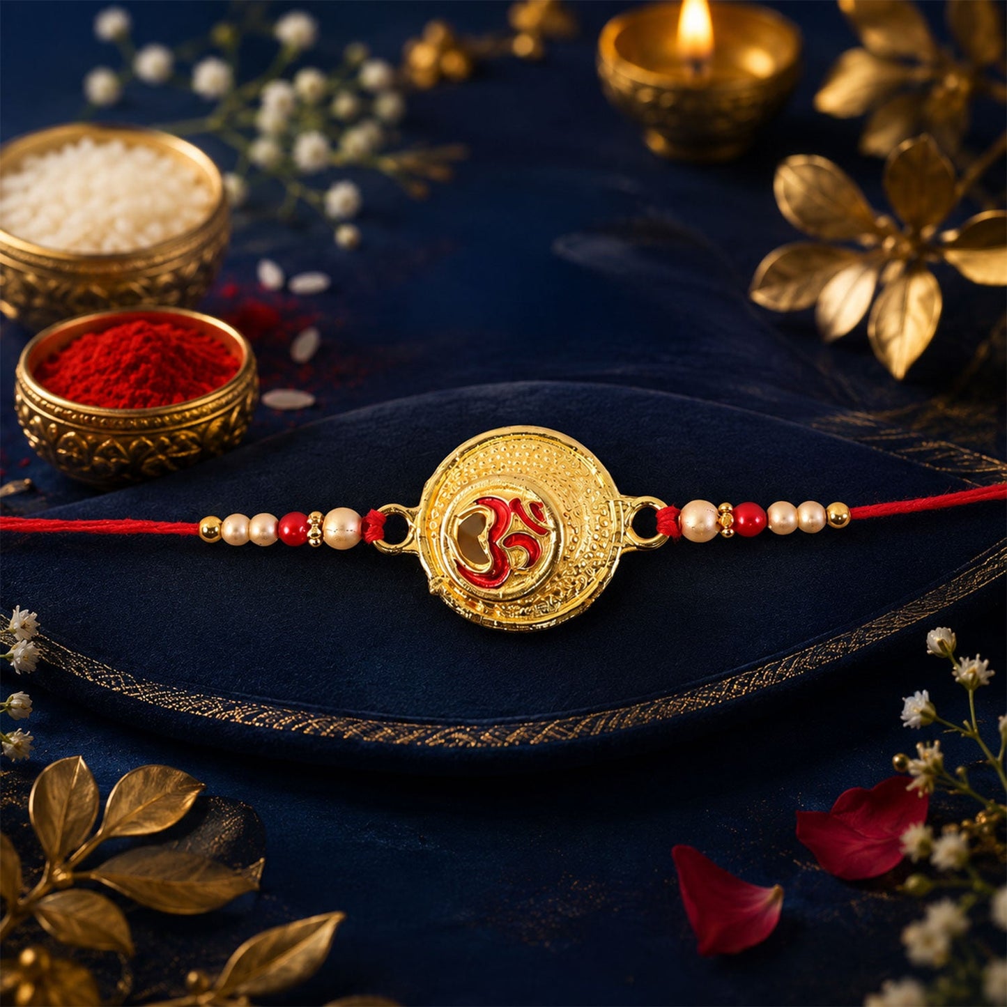 Om engraved coin charm with pearl beads rakhi laid flat