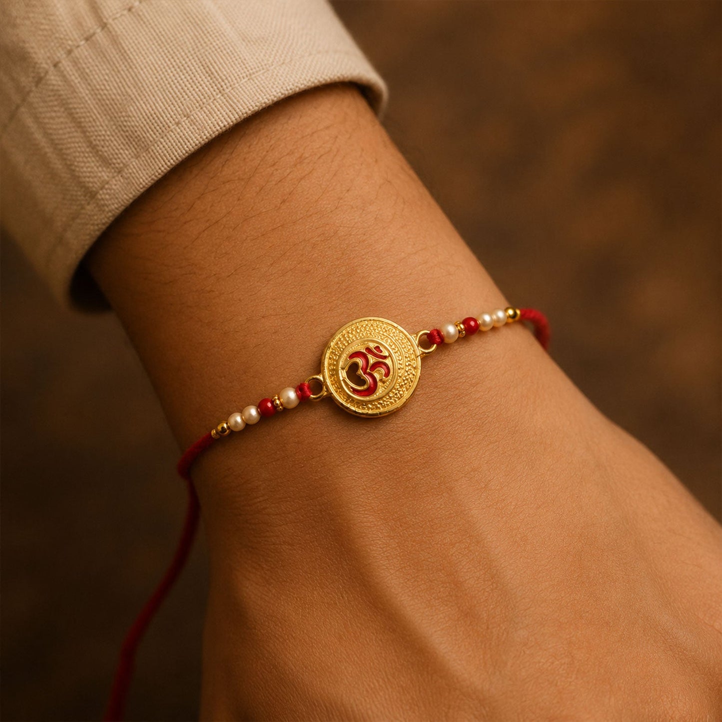 Designer rakhi featuring Om coin and pearl beads