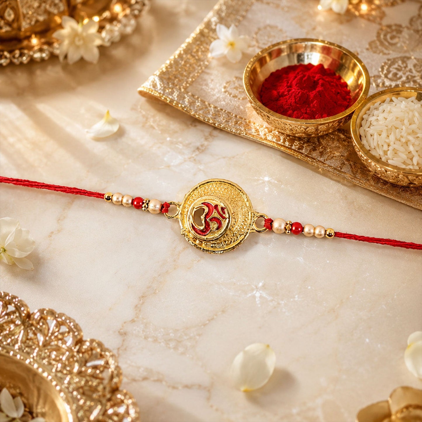 Traditional rakhi with Om charm and pearl beads side view
