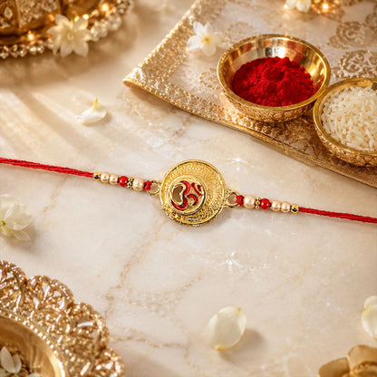 Traditional rakhi with Om charm and pearl beads side view