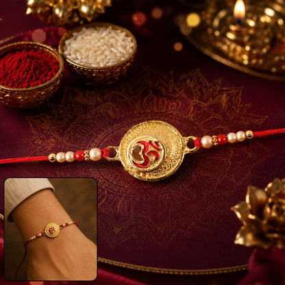 Om Engraved Coin Charm Pearl Beads Rakhi close-up