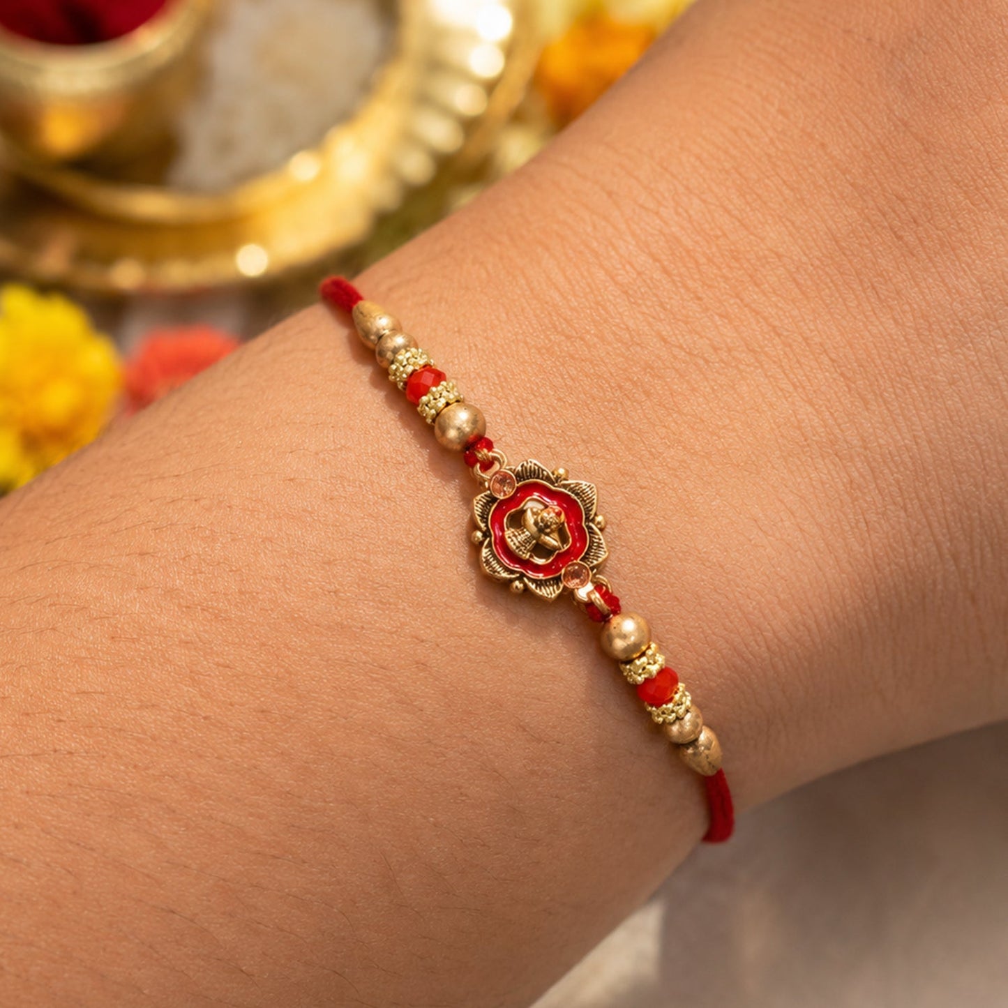 Side angle of Antique Shivling Floral Beaded Rakhi