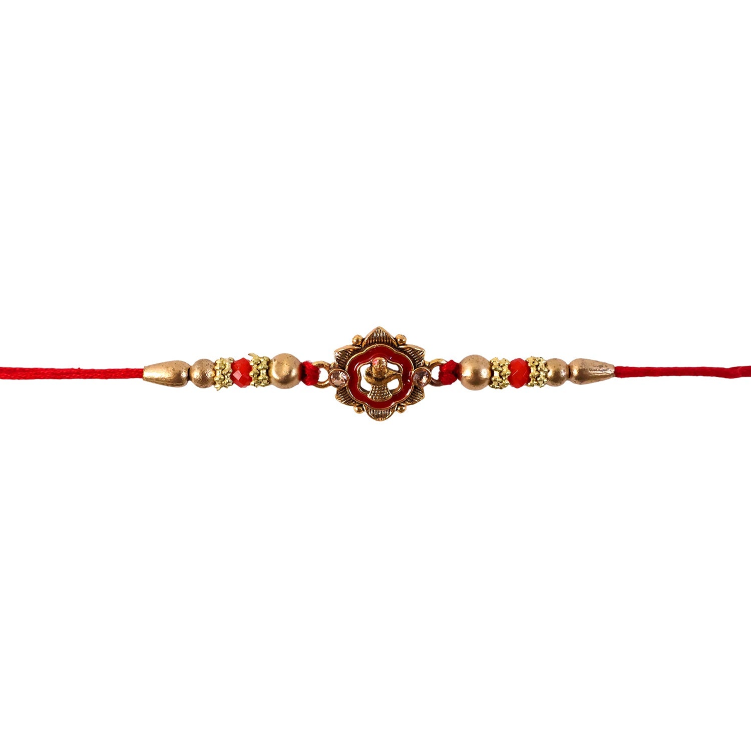 Antique Shivling Floral Rakhi displayed on fabric