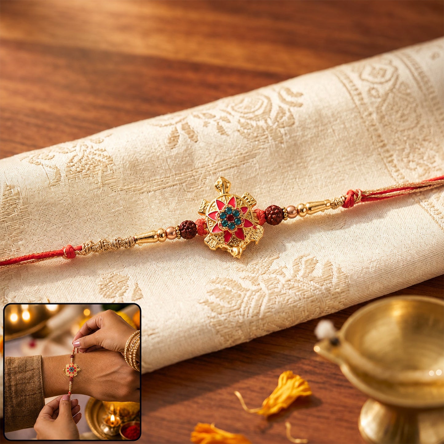Tortoise Flower Stone Charm & Rudraksha Beads Rakhi close-up