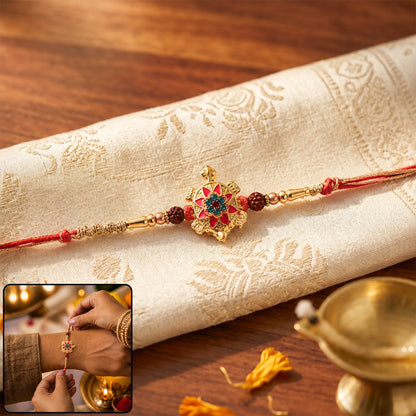 Tortoise Flower Stone Charm & Rudraksha Beads Rakhi close-up