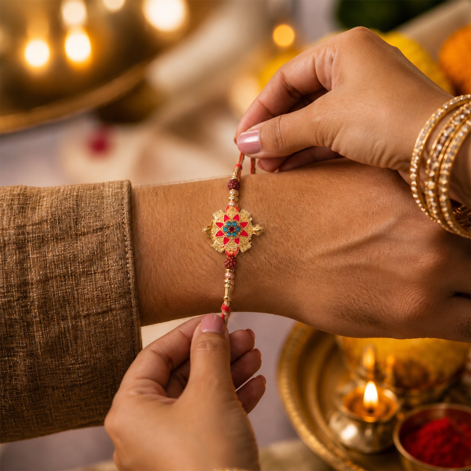 Top view of Tortoise Flower Stone Rudraksha Beads Rakhi