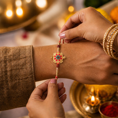 Top view of Tortoise Flower Stone Rudraksha Beads Rakhi