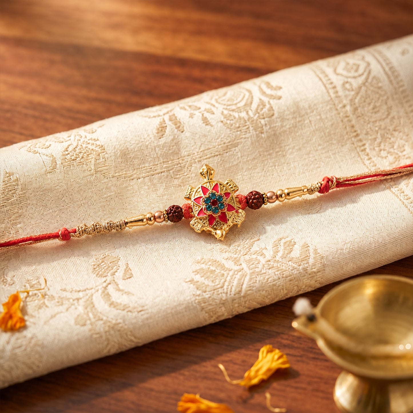 Side angle of traditional yet modern styled rakhi for brother