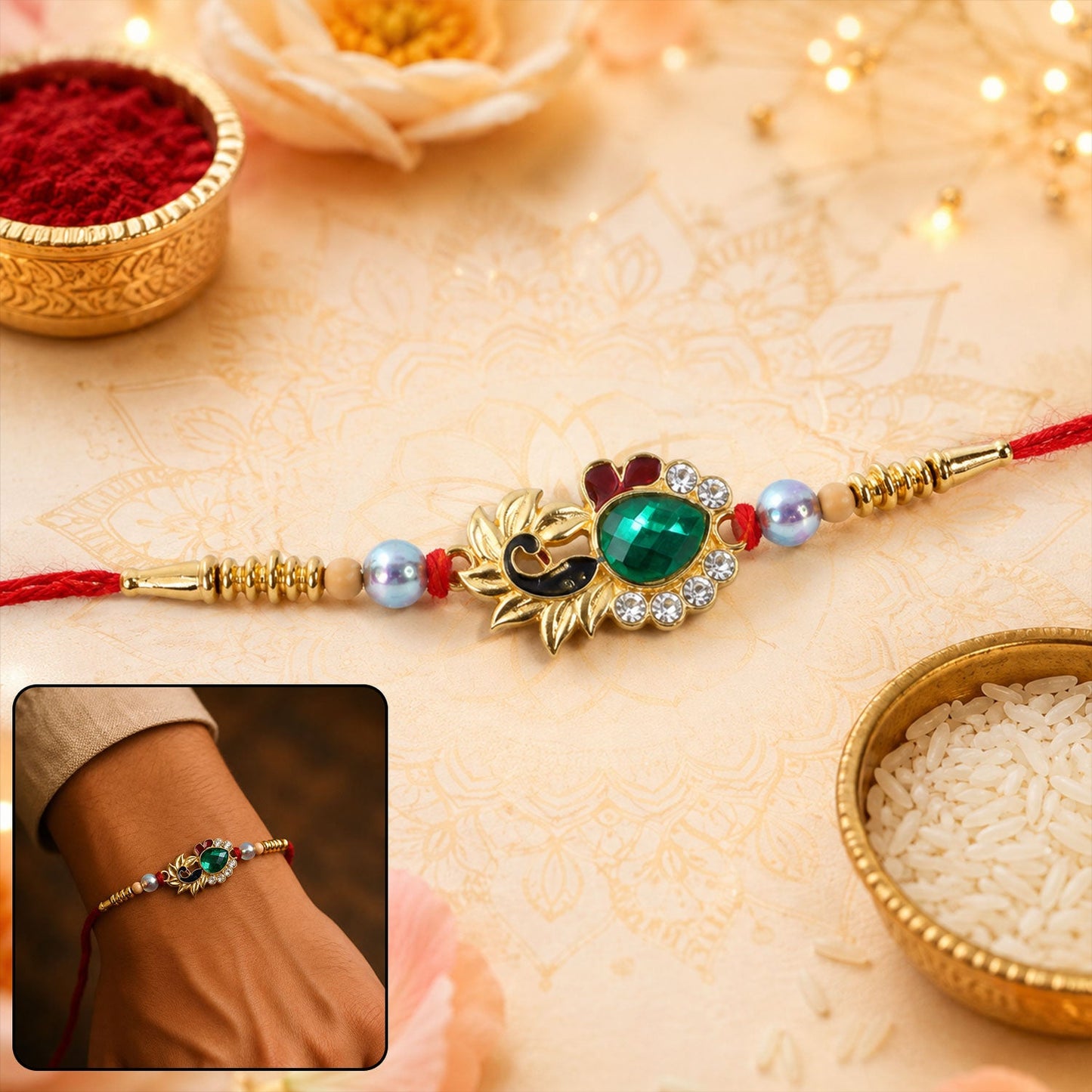 Peacock Emerald Stone Rakhi with Pearl Beads front view