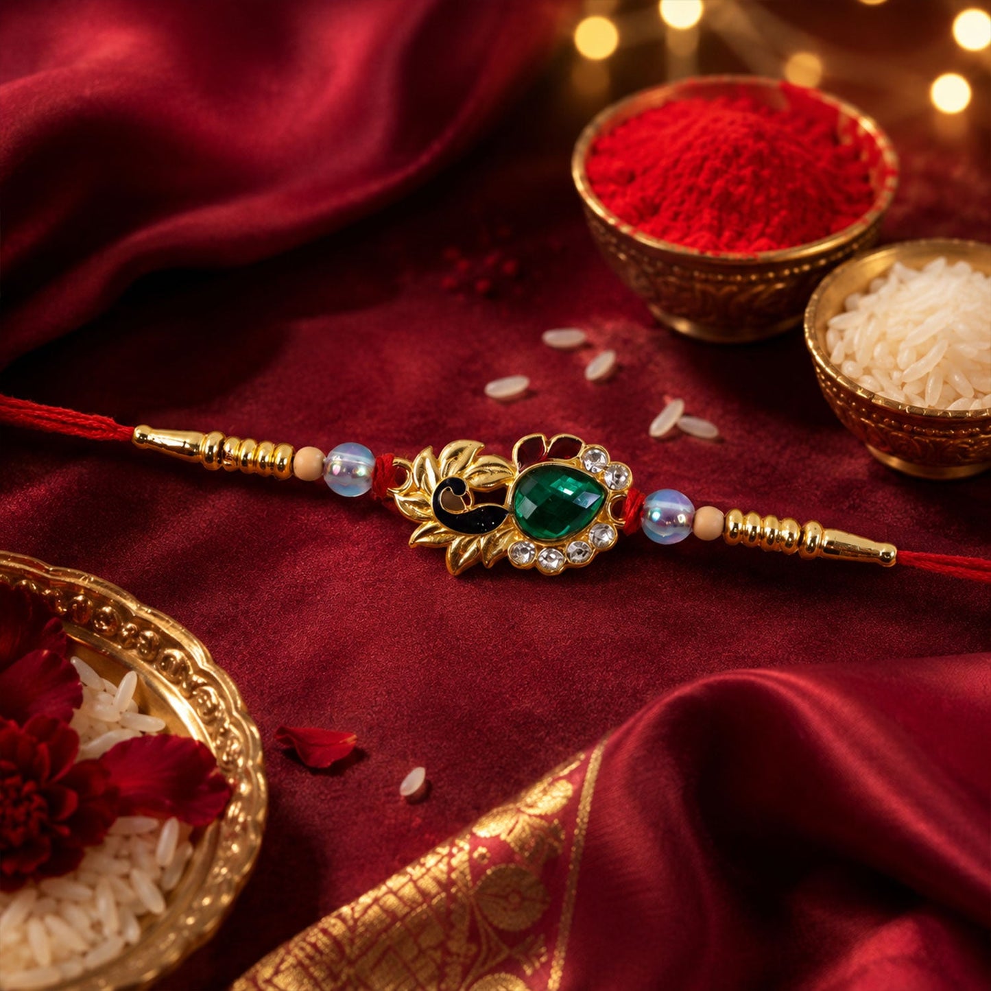 Side view of Peacock Emerald Stone Rakhi with Pearl Beads