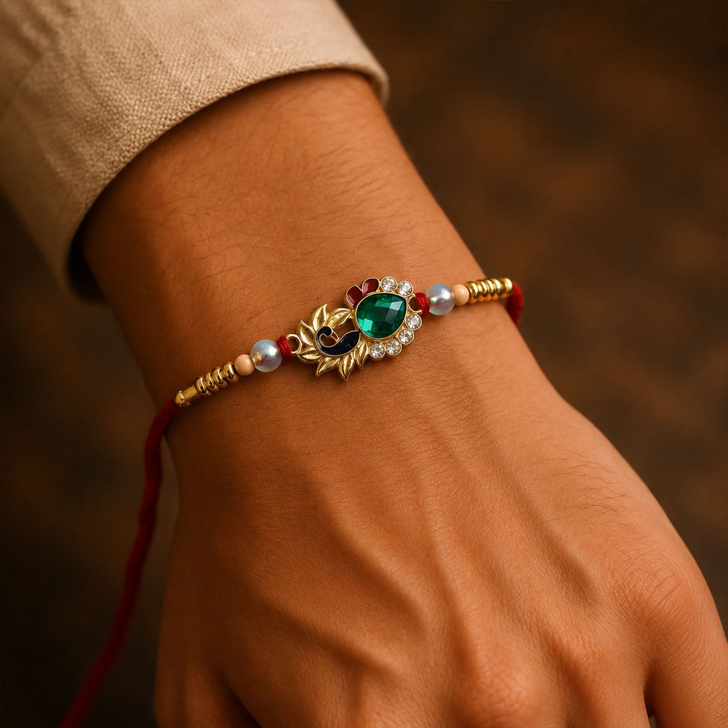 Close-up of peacock emerald stone and pearl beads on Rakhi