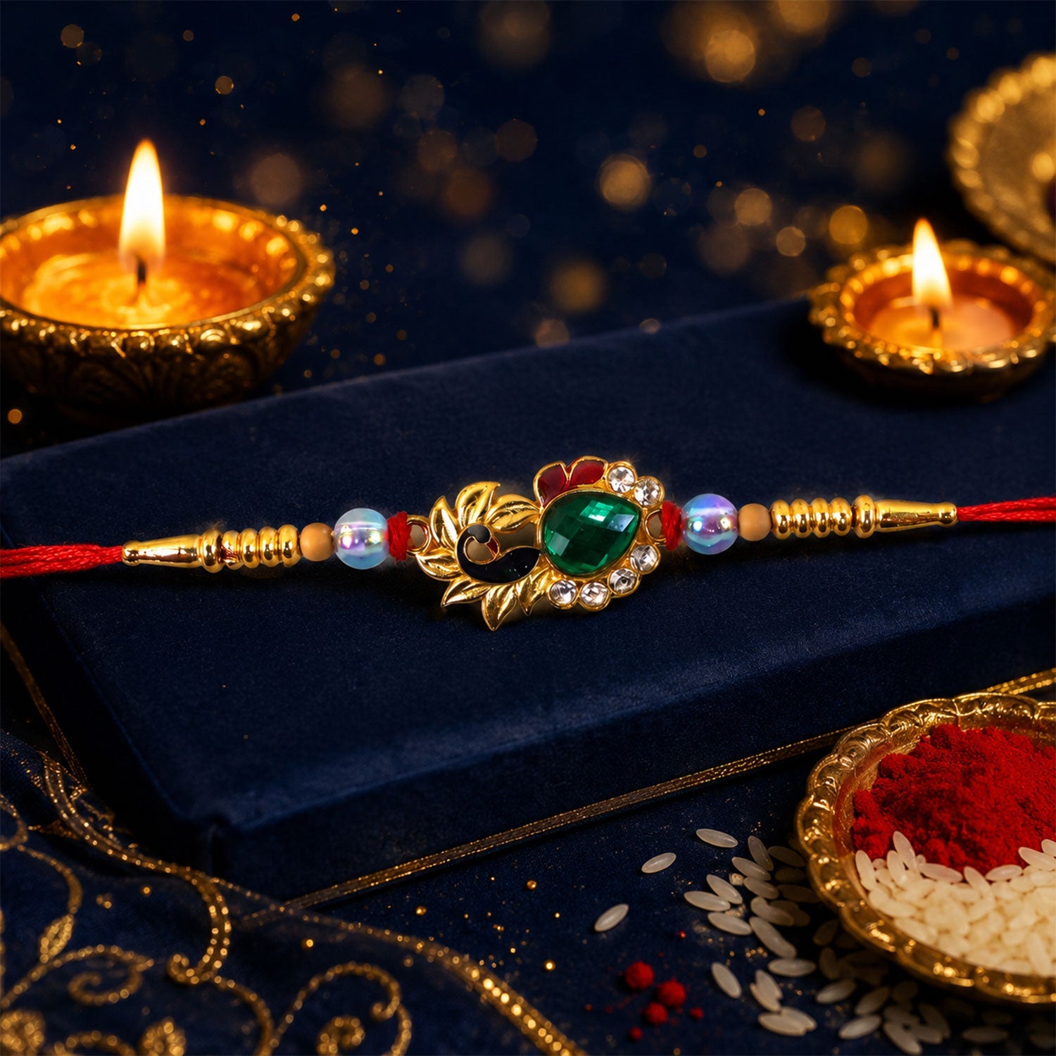 Top view of Peacock Emerald Stone Rakhi with pearl beads