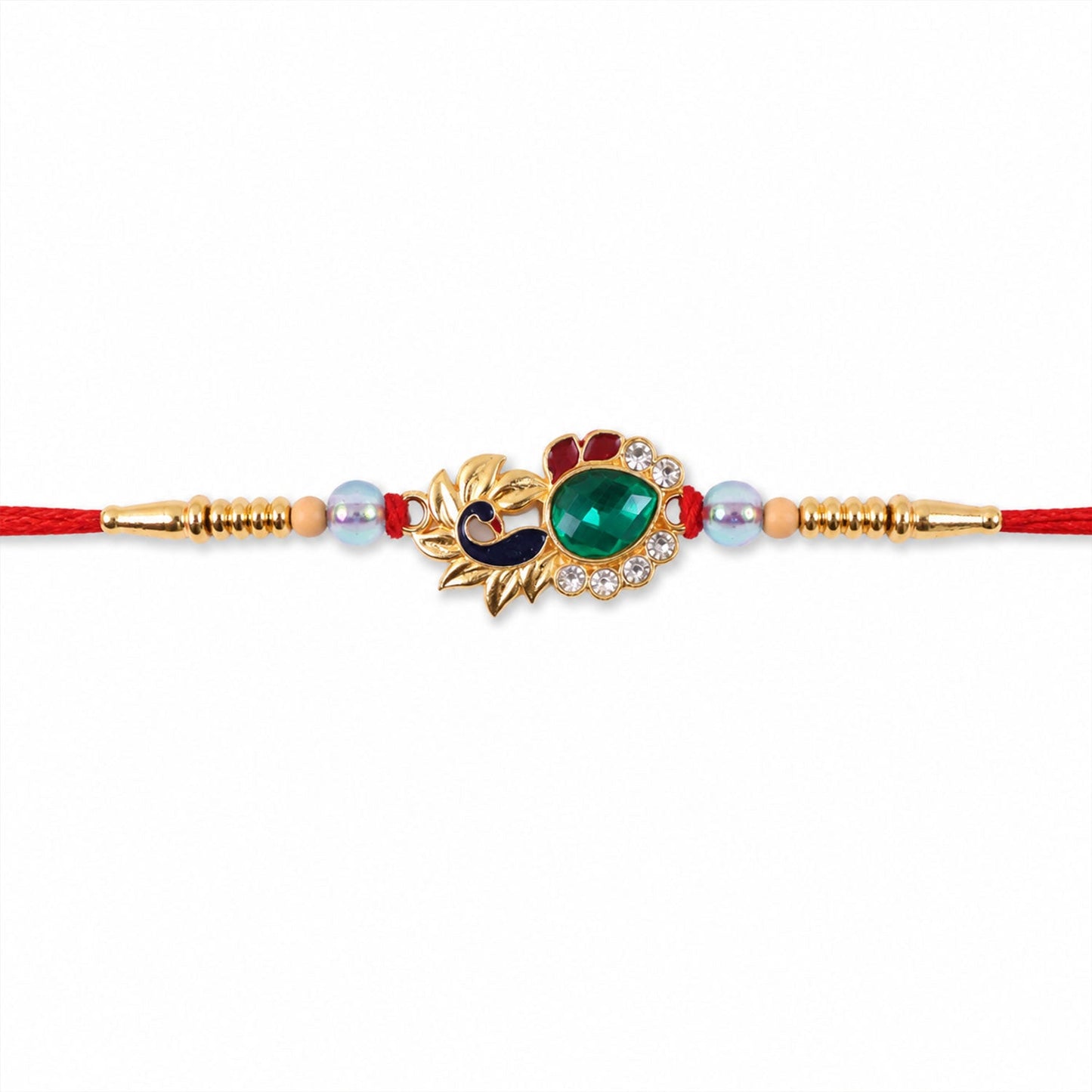 Peacock Emerald Stone Rakhi with pearl beads tied around wrist