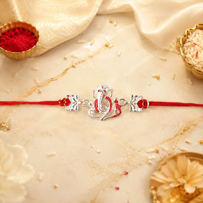 Side view of Silver Ganpati Heart Charm dori rakhi