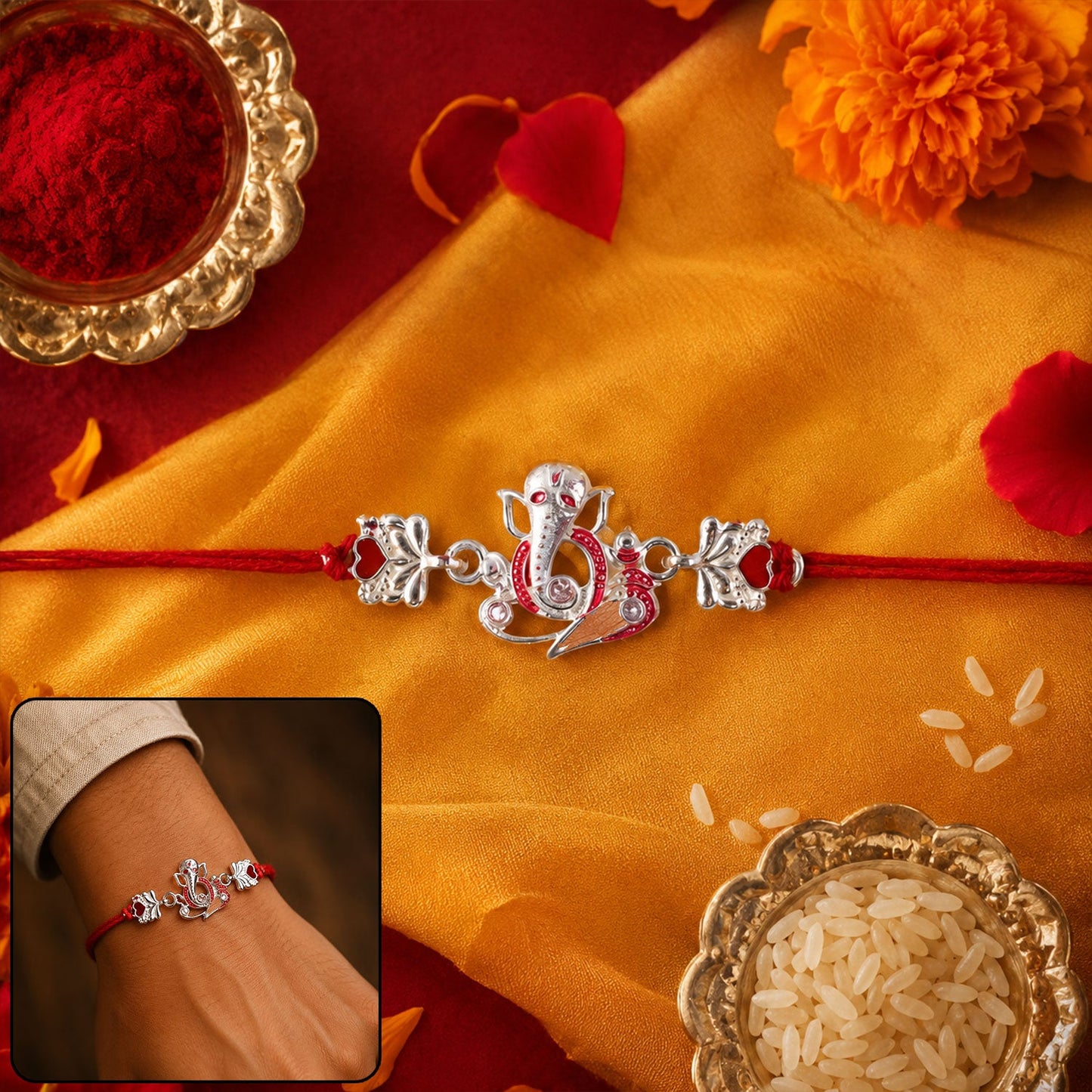 Silver Ganpati Heart Charm Dori Rakhi front view