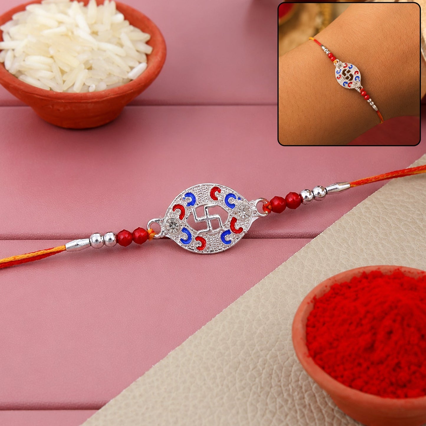 Silver Swastik Meena Oval Charm Rakhi with beads front view