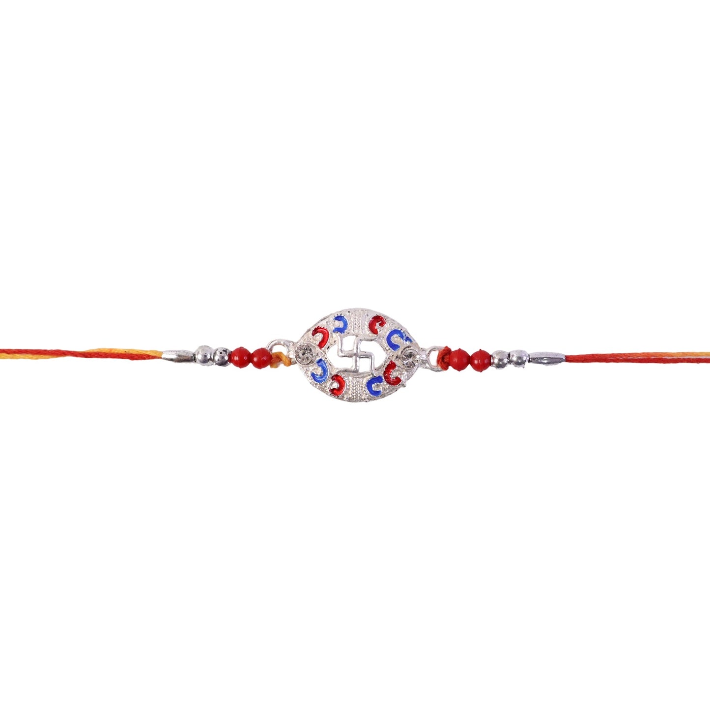 Silver Swastik Meena Oval Charm Rakhi with beads festive display