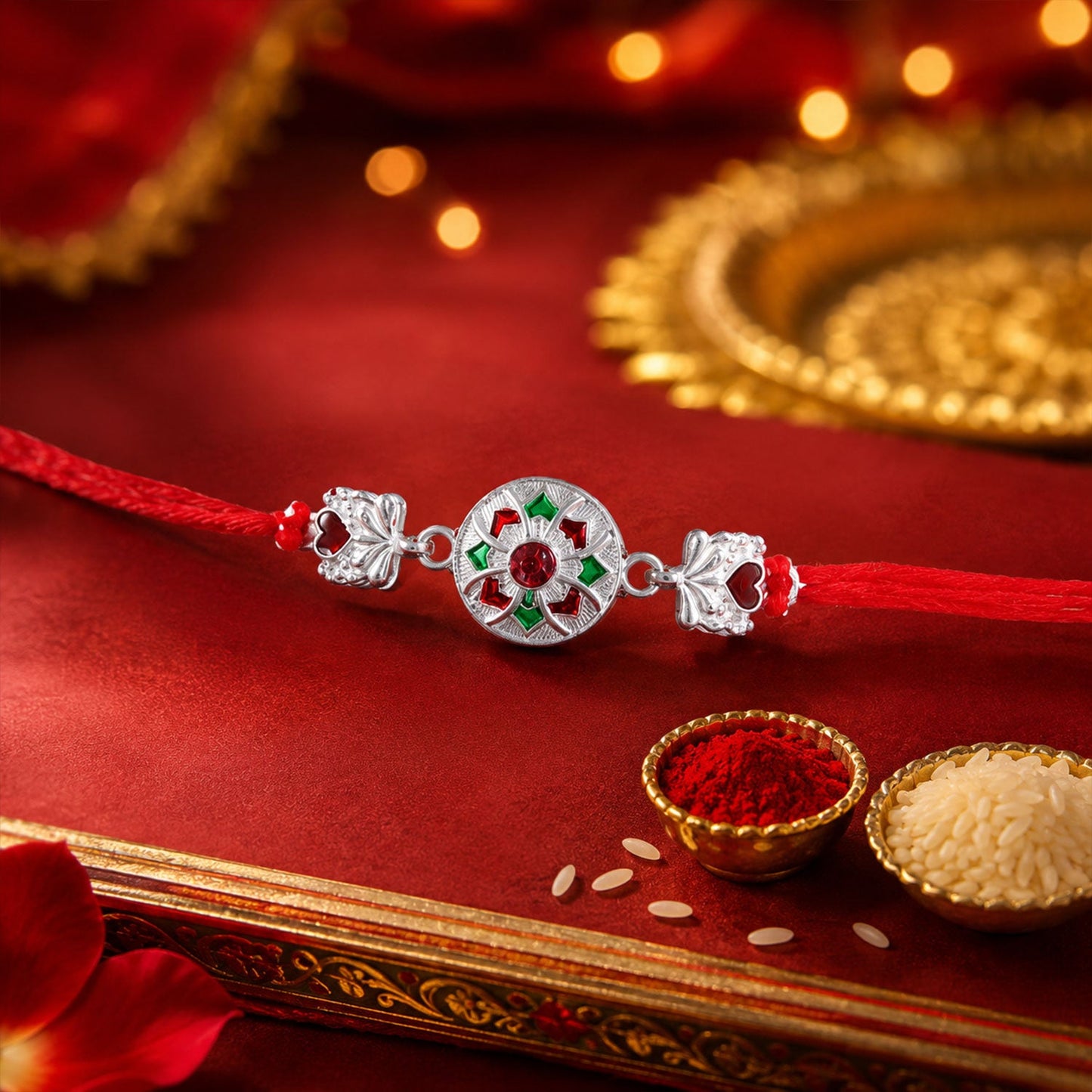 Silver Floral Stone Charm Rakhi with Dori Full Layout