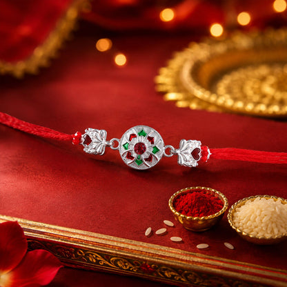 Silver Floral Stone Charm Rakhi with Dori Full Layout