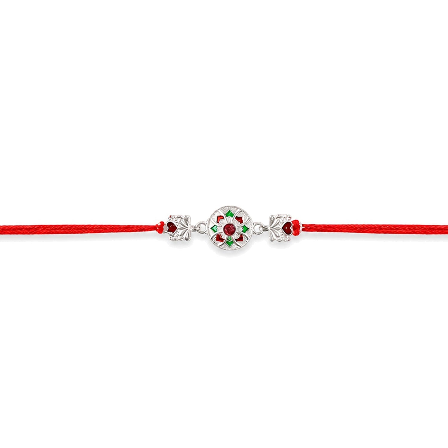 Silver Floral Stone Charm Rakhi with Dori Side View