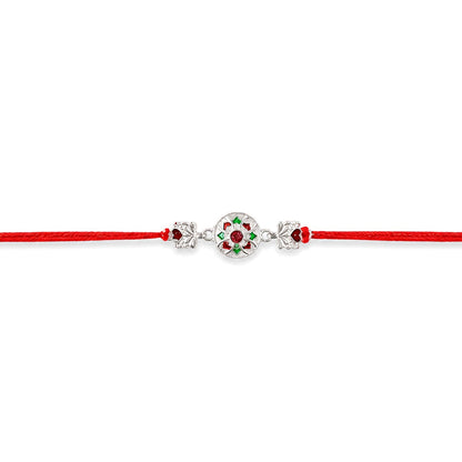 Silver Floral Stone Charm Rakhi with Dori Side View