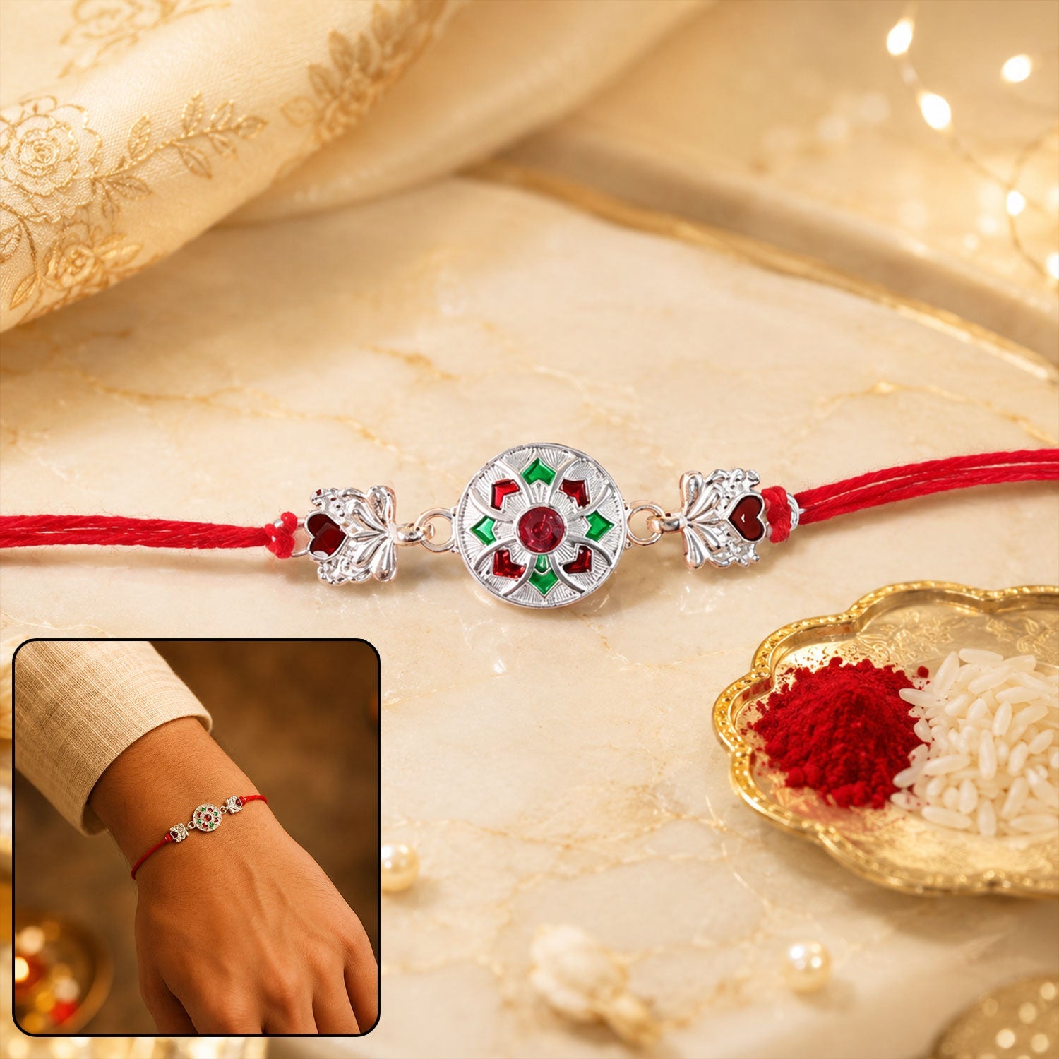 Silver Floral Stone Charm Rakhi with Dori for Brother Front View