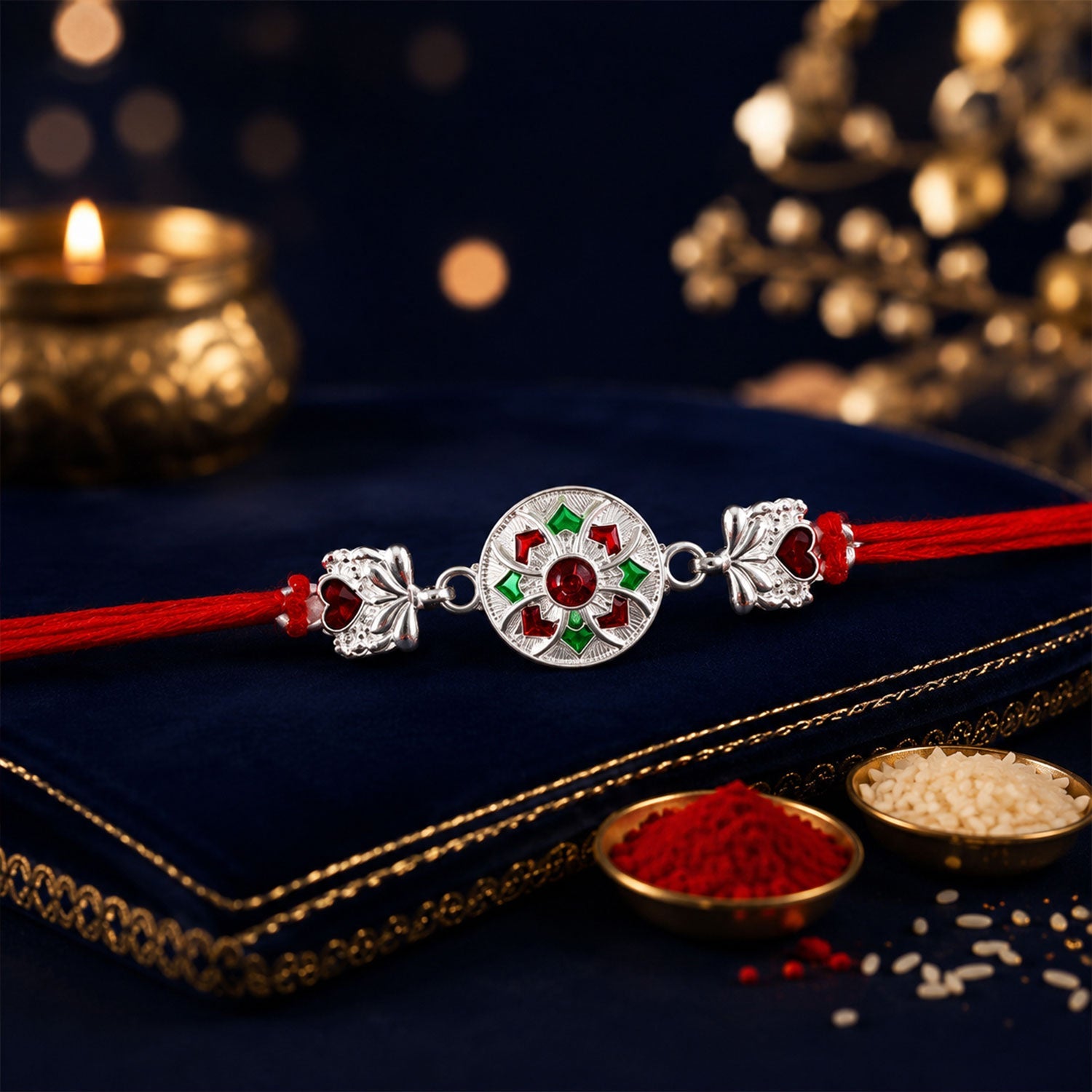 Silver Floral Stone Charm Rakhi with Dori for Brother Close-up View