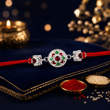 Silver Floral Stone Charm Rakhi with Dori for Brother Close-up View