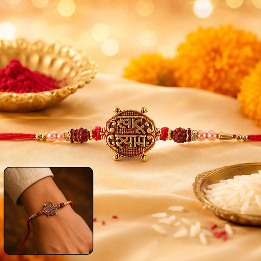 Khatu Shyam Antique Charm Rakhi with Rudraksha beads close-up