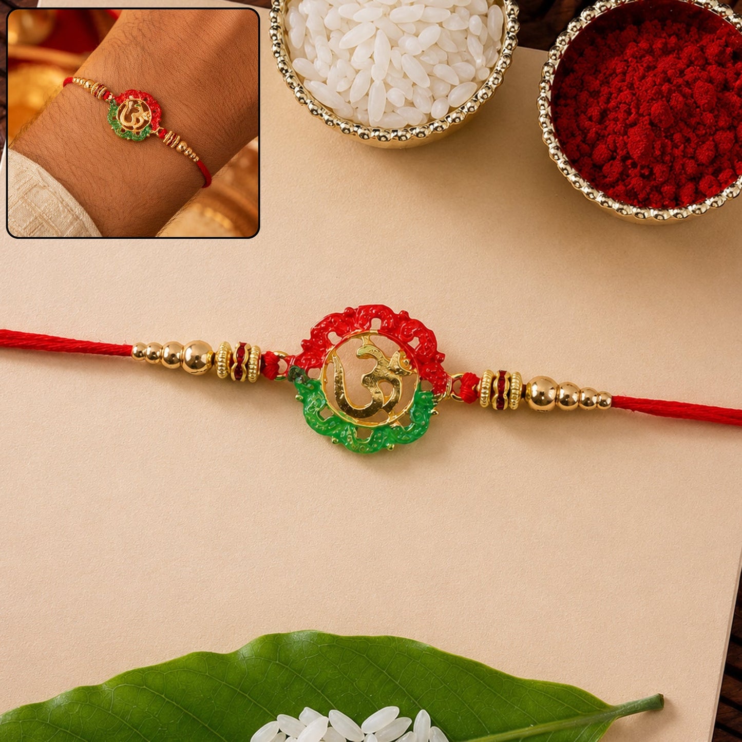 Golden Om round Meena charm rakhi with beads close-up