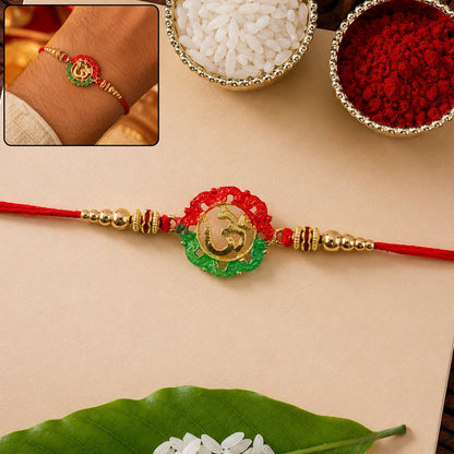 Golden Om round Meena charm rakhi with beads close-up