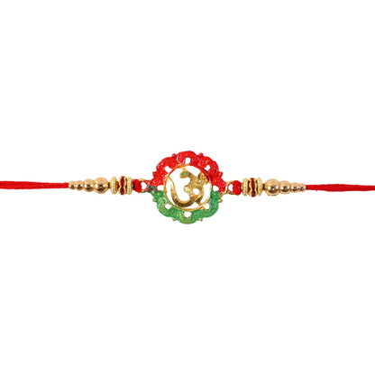 Detailed image of beads and charm on golden rakhi