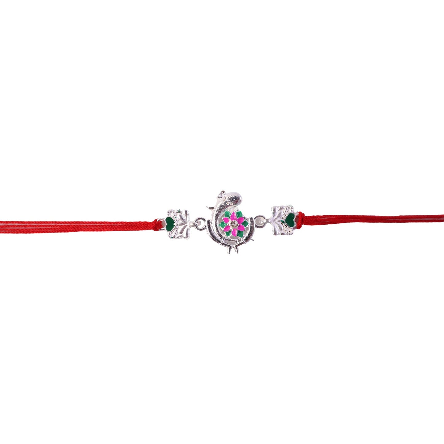 Silver Peacock Flower Heart Rakhi full length with dori