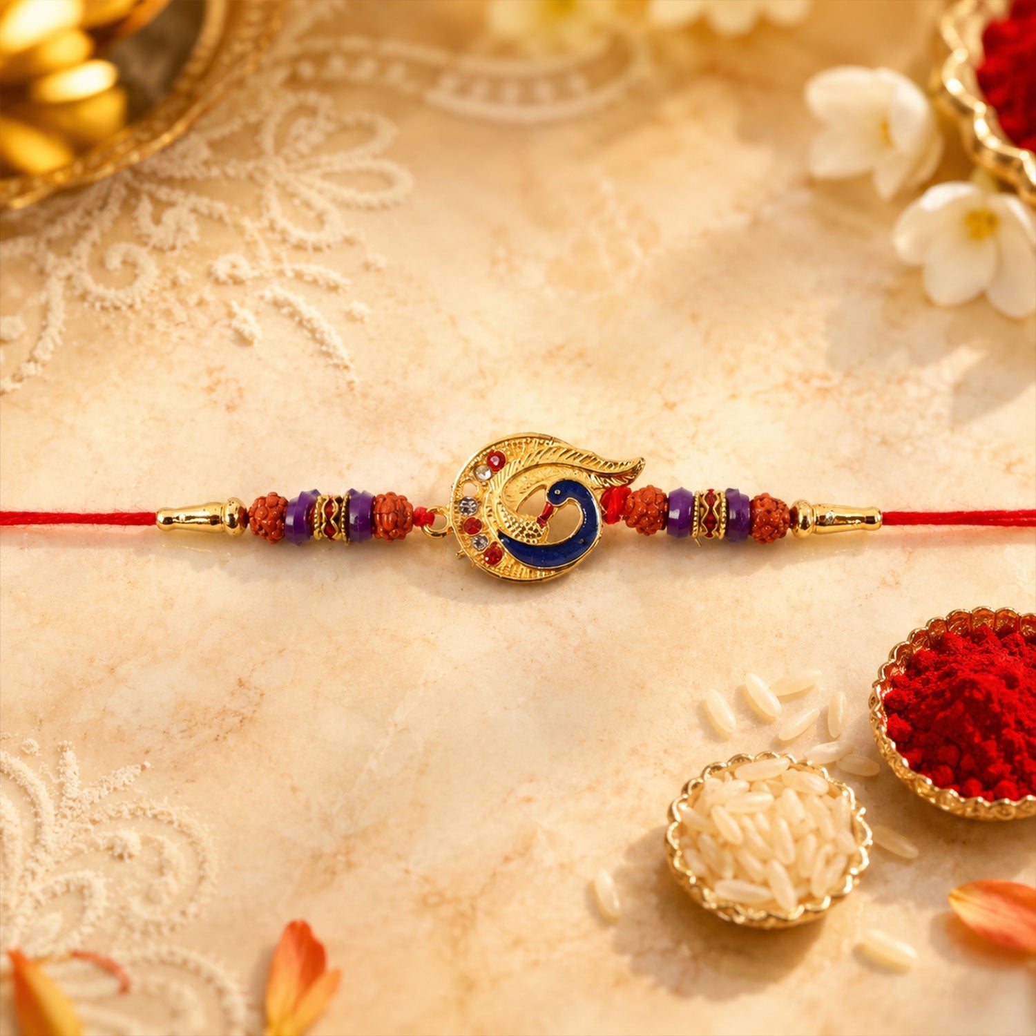 Top view of Golden Mor Feather Charm Rakhi