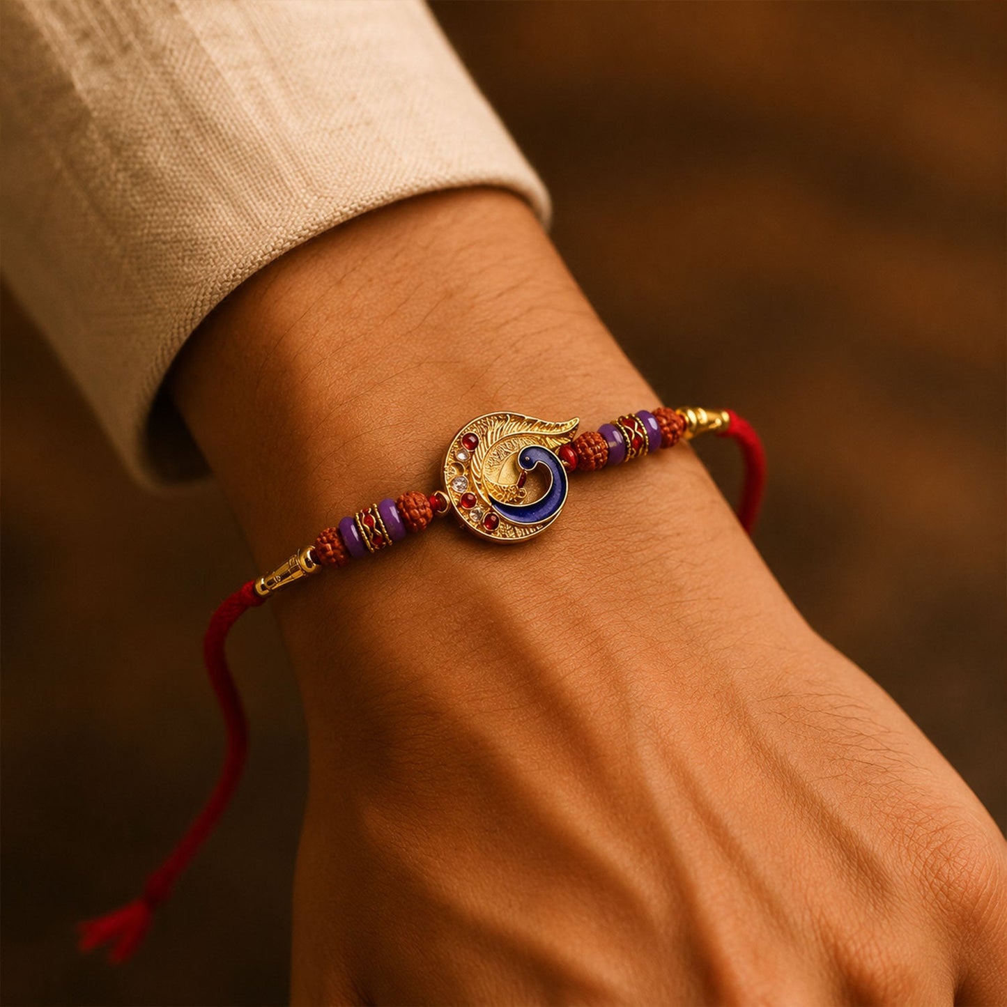 Side angle of Golden Mor Feather Charm Beads Rakhi