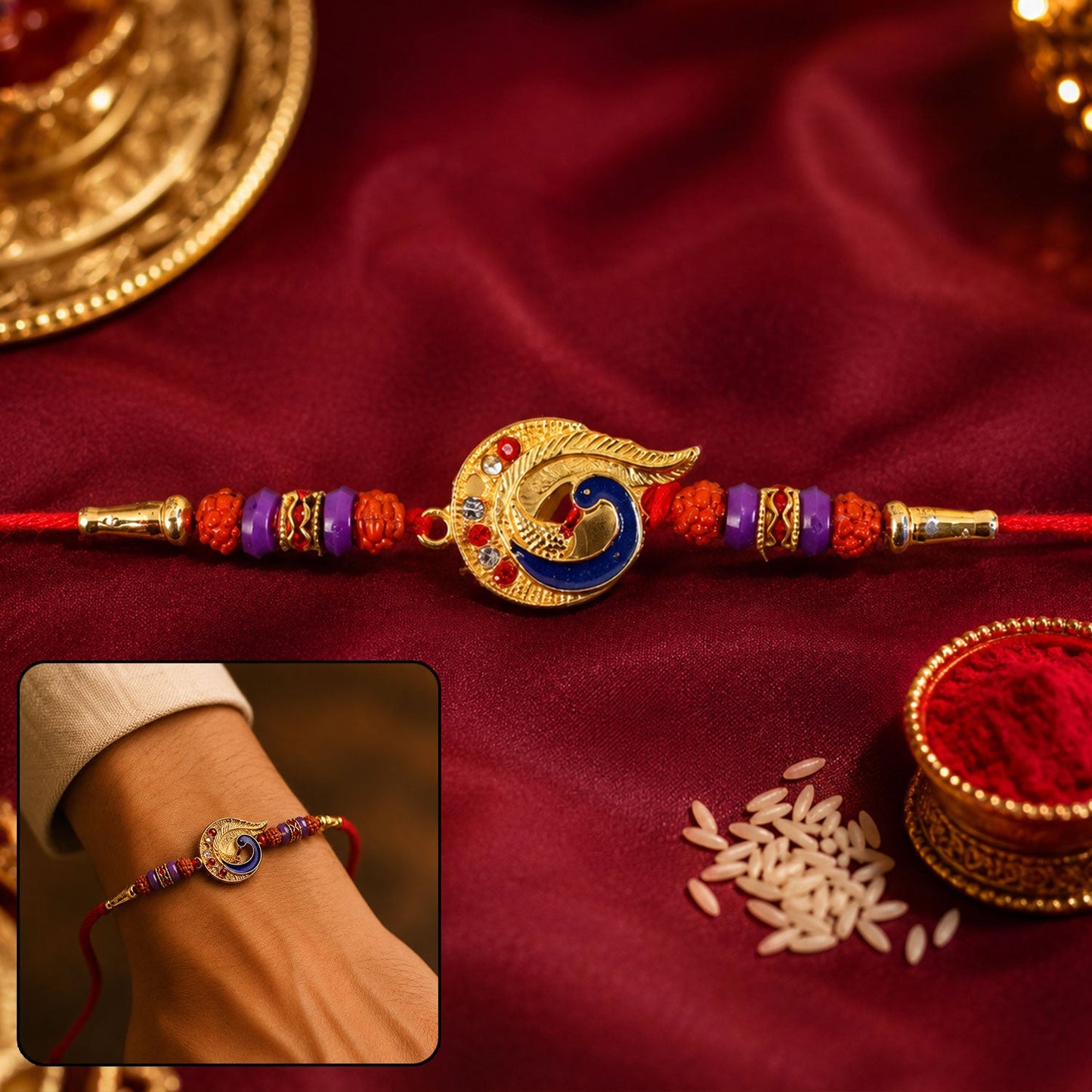Golden Mor Feather Charm Beads Rakhi close-up