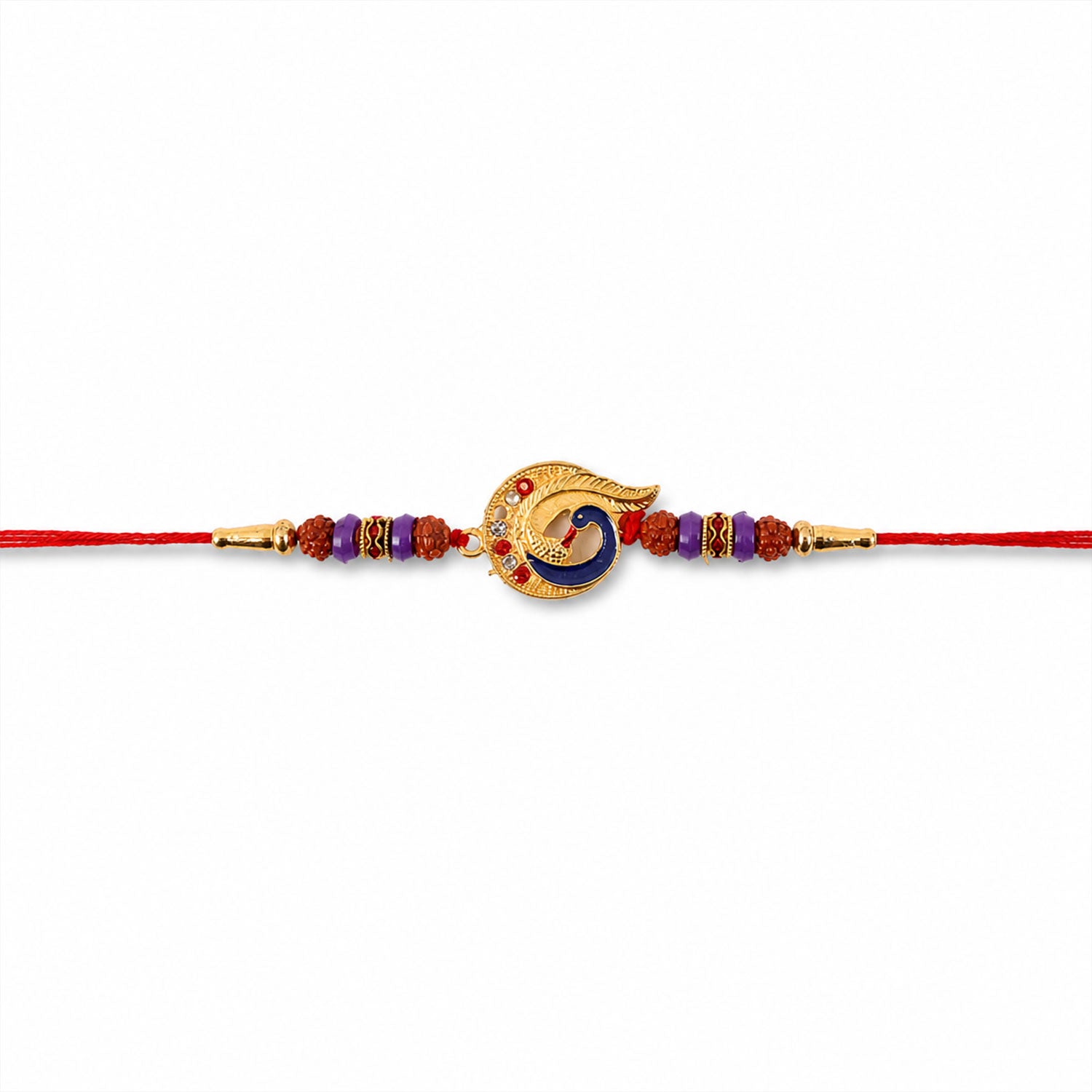 Rakhi tied with thread showing golden charm beads