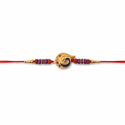 Rakhi tied with thread showing golden charm beads