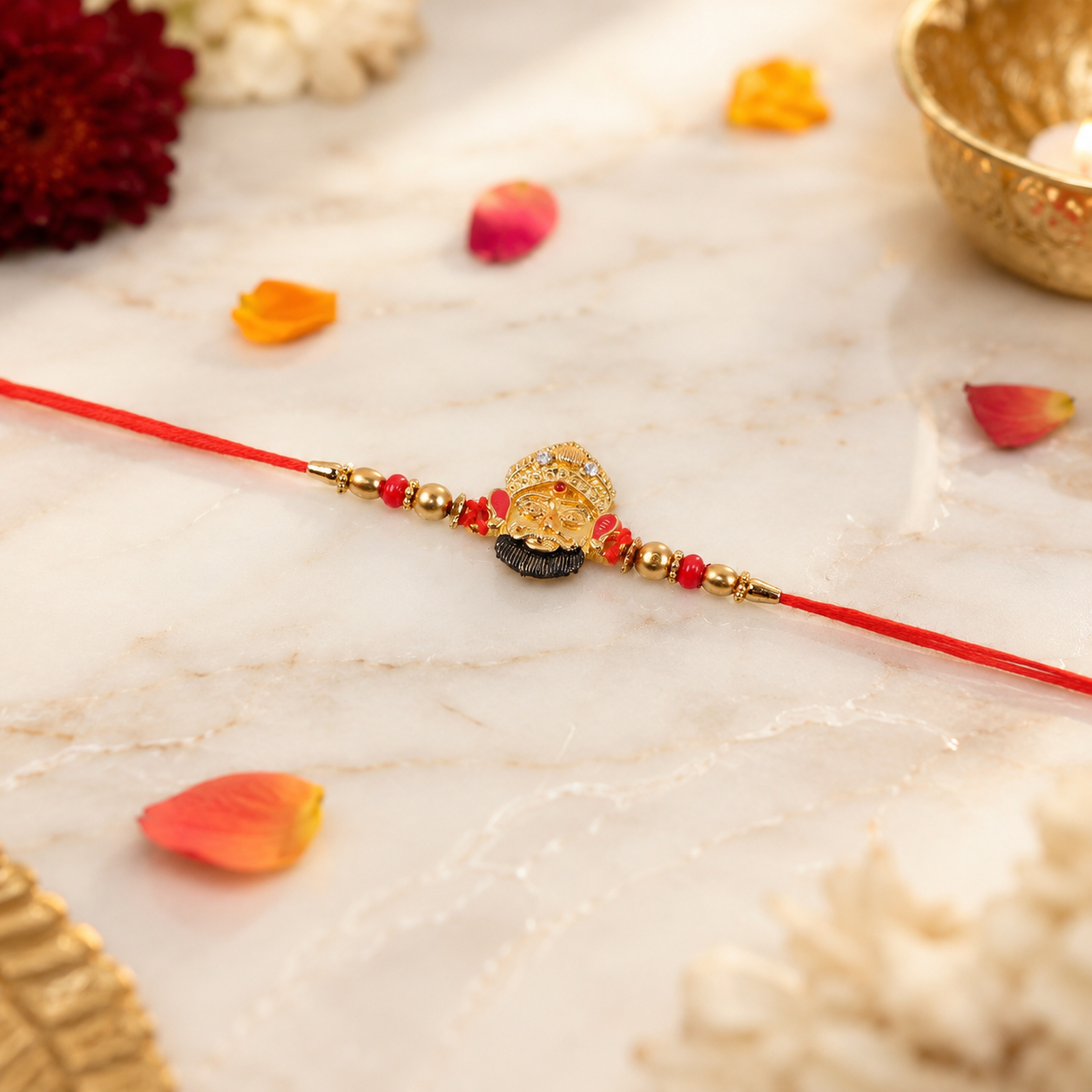 Elegant design details of Golden Divine Face Charm Rakhi