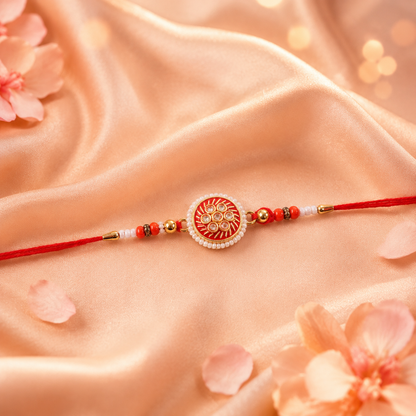 Golden Meena Kundan Rakhi with pearl against white background