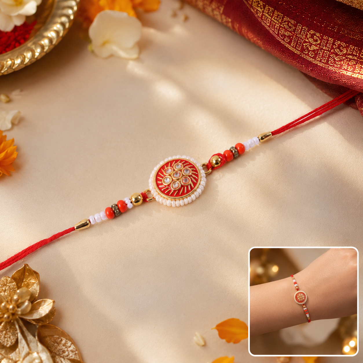 Golden Meena Kundan Pearl Rakhi front view