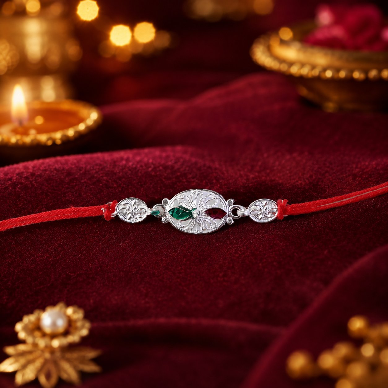 Silver Oval Floral Stone Rakhi detailed close-up