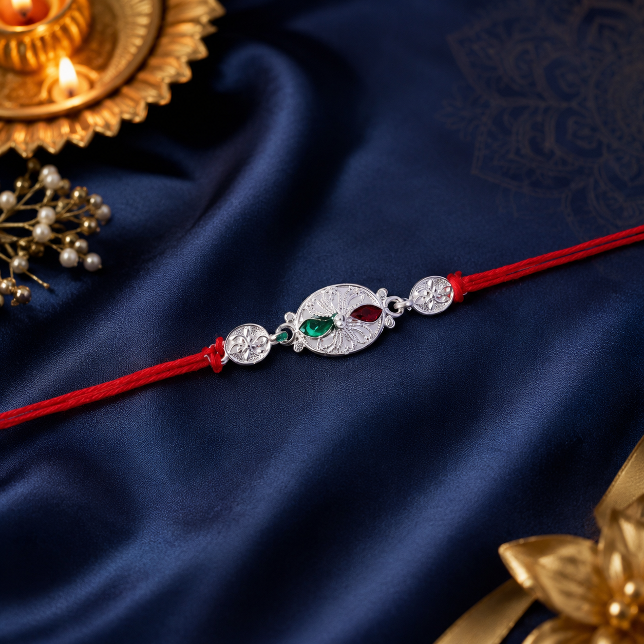 Silver Oval Floral Stone Rakhi side angle