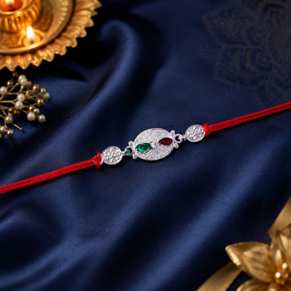 Silver Oval Floral Stone Rakhi side angle
