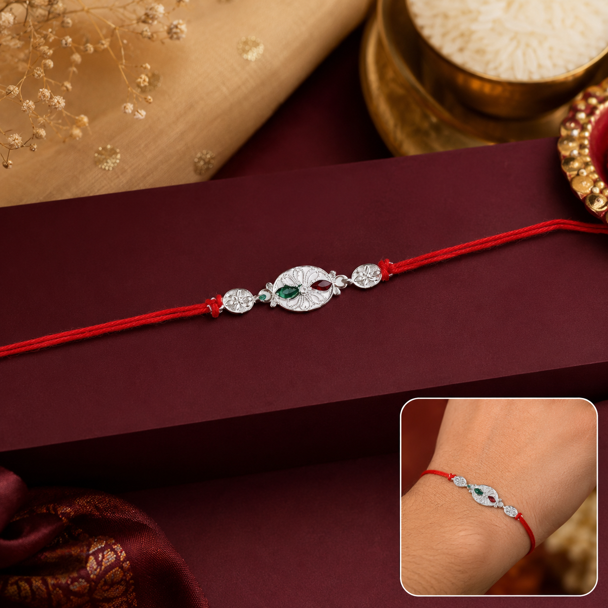 Silver Oval Floral Stone Rakhi front view