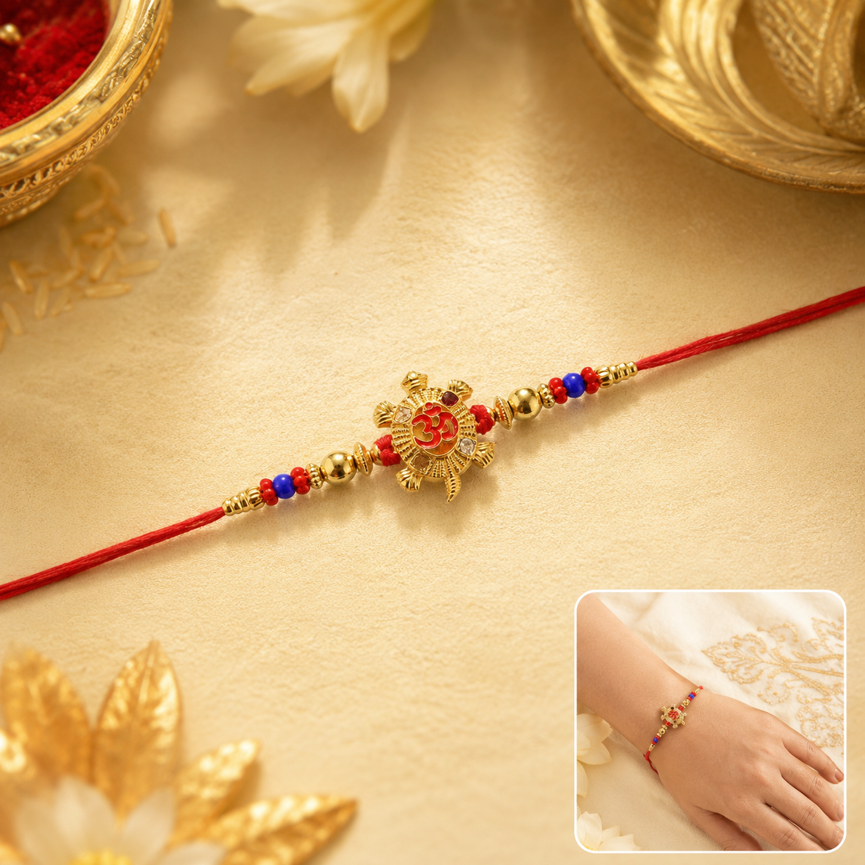 Golden Tortoise Om Meena charm rakhi with beads front view